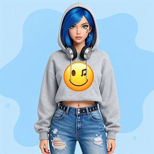 Stylized Young Woman with Blue Hair