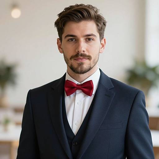 Photograph of a handsome, dark-haired man with a trimmed beard, wearing a black suit, white shirt, and red bow tie, standing in a