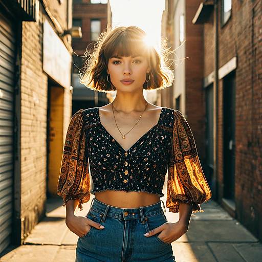 Young Woman with Wavy Bowl Cut in Urban Alley