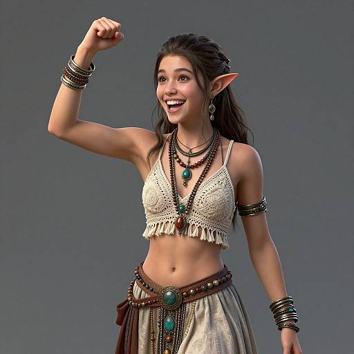 CGI elf woman with long dark hair, white lace crop top, brown and beige skirt, turquoise jewelry, arm bracelets, smiling, raising right arm