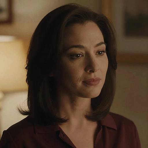 Photograph of a serious-looking woman with dark brown shoulder-length hair, wearing a maroon shirt, softly lit in a warmly colored room.