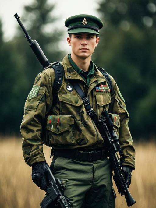 Male Soldier in Green Military Uniform with Rifle