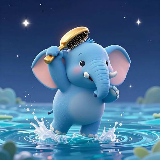 Cute CGI blue cartoon elephant splashing in a starlit, moonlit waterhole, holding a yellow brush over its head.