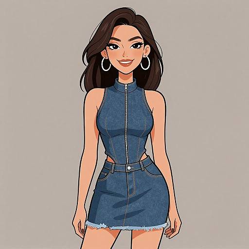 Digital illustration of a smiling woman with long black hair, wearing a sleeveless blue denim dress, large hoop earrings, and standing against a plain gray background