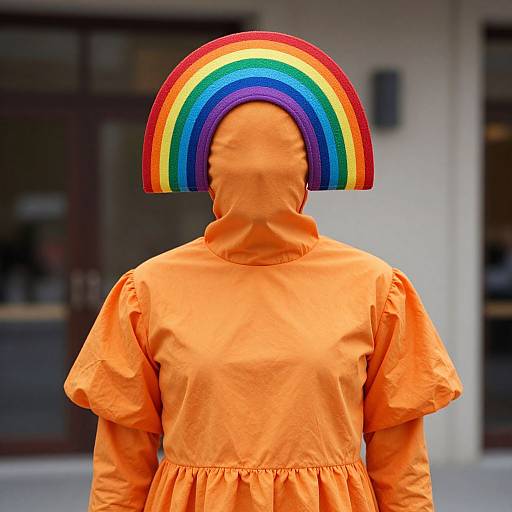 Photograph of a person with a rainbow-colored, semi-circular hat, wearing an orange dress, standing in front of a blurred urban background. Face