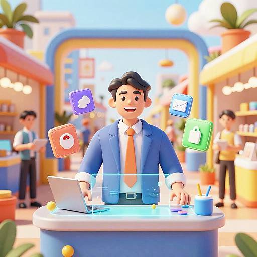 Happy AI Merchant in Futuristic Marketplace