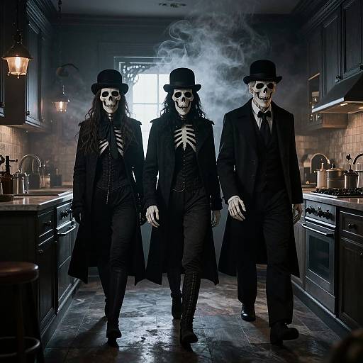 Photograph of three skeletal figures in black Victorian attire, top hats, and long coats, walking through a smoky, dark kitchen.