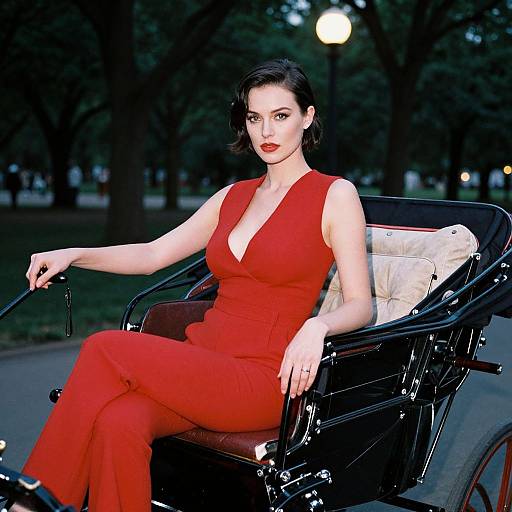 Photograph of a fair-skinned woman with dark hair in a red, deep-V dress and matching pants, sitting in a black vintage wheelchair in a