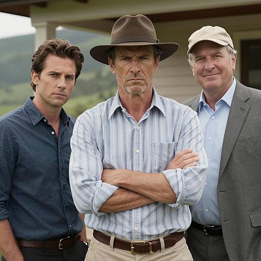 Three Men Posed Outdoors on Porch