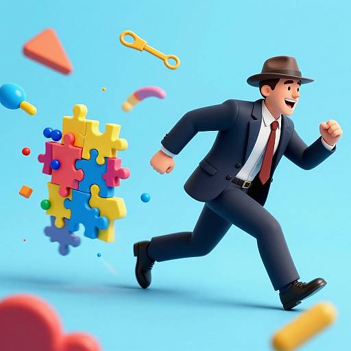 Digital illustration of a smiling man in a blue suit, red tie, and brown hat running with colorful puzzle pieces and toys flying behind him against a bright