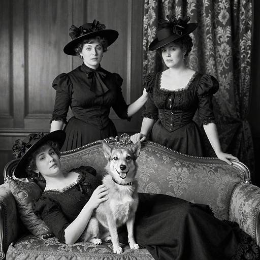 Victorian Elegance: Women, Dog, and Couch