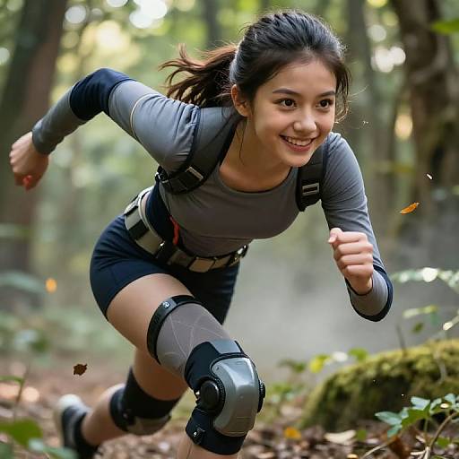 Photograph of a smiling Asian woman with dark hair in a ponytail, wearing a gray shirt, black shorts, and knee pads, running through a