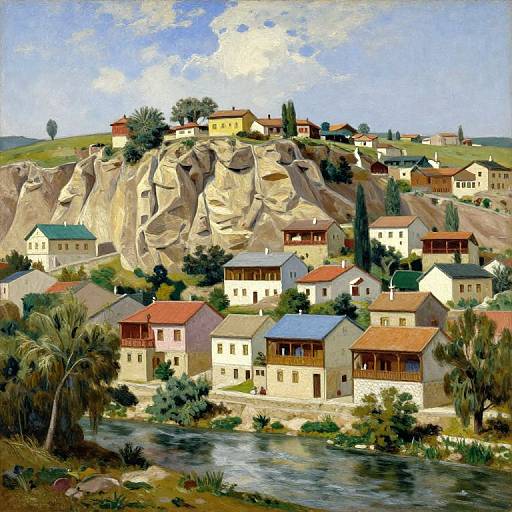 Vibrant oil painting of a hillside village with colorful houses, red-roofed buildings, rocky cliffs, and a flowing river in the foreground