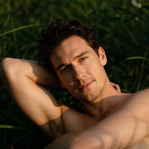 Photograph of a shirtless, fair-skinned man with short dark hair, lying in grass, arms behind his head, smiling warmly at the camera