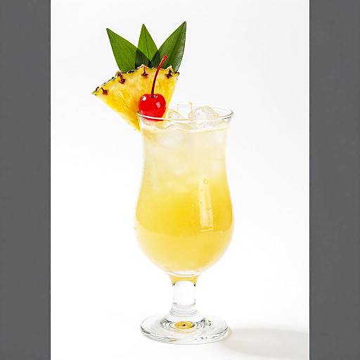 Photograph of a tropical cocktail in a clear glass, garnished with a pineapple wedge, cherry, and green leaves, against a white background.