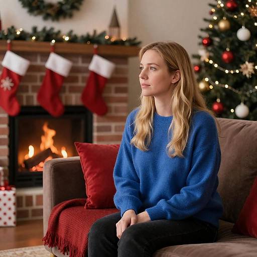 Contemplative Woman by Christmas Fireplace