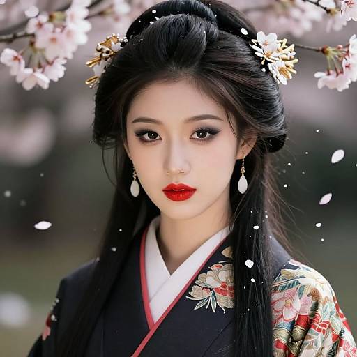 Digital portrait of an East Asian woman with black hair, red lips, and floral kimono, surrounded by cherry blossoms and falling petals.