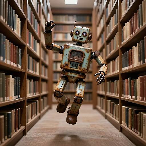 Photograph of a rusty, old-style robot with glowing eyes and a smiling face, floating mid-air in a narrow library aisle filled with bookshelves