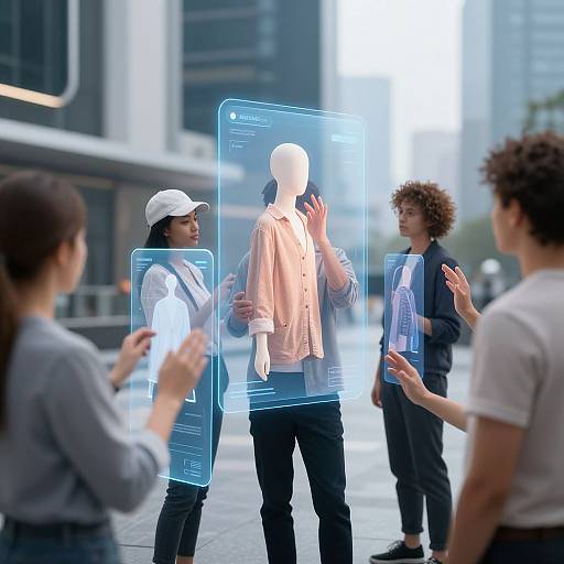 Photograph of diverse group interacting with holographic mannequin in urban setting, wearing casual clothes, focusing on virtual display, surrounded by glass buildings.