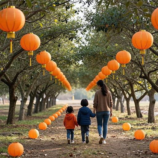 Photograph of a woman and two children walking down an orange lantern-lit tree-lined path in a sunlit orchard.