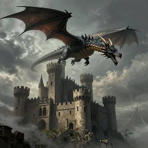Digital fantasy artwork of a menacing black dragon with red membranes soaring above a towering, gray stone castle amidst stormy clouds.