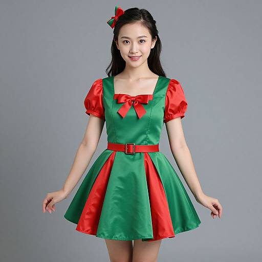 Photograph of an Asian woman with long black hair, wearing a green dress with red puffed sleeves, red ribbon bow, and belt, against a