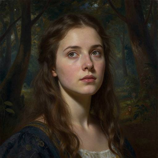 Photorealistic painting of a fair-skinned young woman with long brown hair, green eyes, and soft expression, set against a dark forest background.