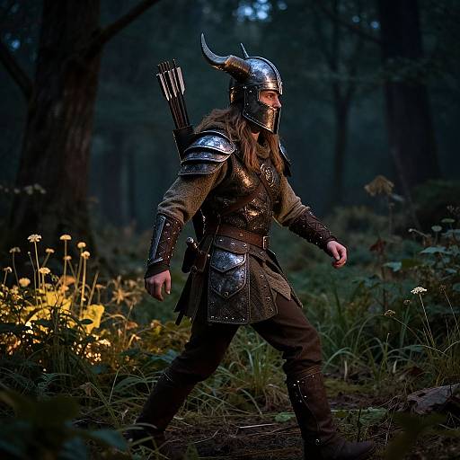Photograph of a Viking warrior in medieval armor with horned helmet, quiver of arrows, walking through a dimly lit forest.