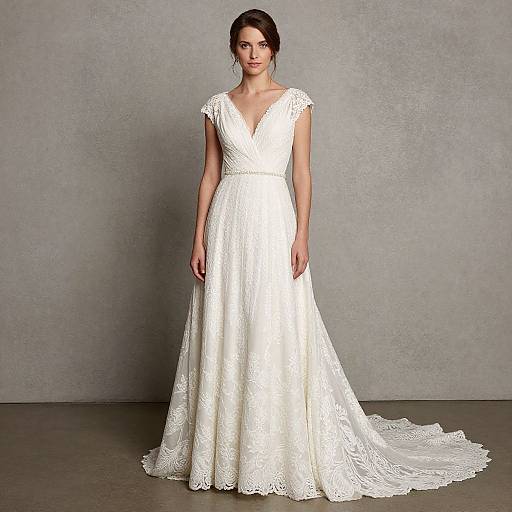 Photograph of a slender, fair-skinned woman with dark brown hair in an elegant, white lace wedding dress with a V-neck and short sleeves,