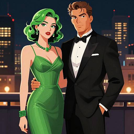 Digital illustration of a green-haired woman in a green dress and a brown-haired man in a black tuxedo, standing on a rooftop at night with