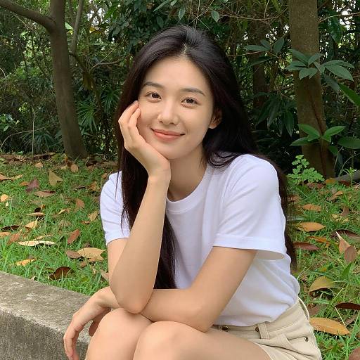 Asian Woman Sitting in Forest