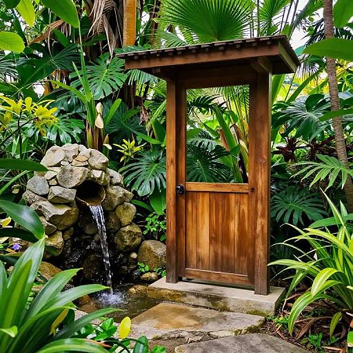 Photograph of a wooden door set in a lush, tropical garden with a small waterfall cascading from a rock formation.