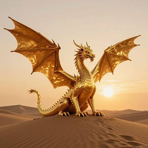 Golden dragon with shimmering scales and large wings stands on a sunlit desert dune, backlit by a glowing sunset. Digital artwork.