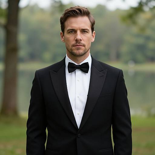 Photograph of a handsome, serious-looking man with short brown hair and beard, wearing a black tuxedo with a bow tie, standing in a