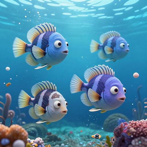 Photograph of four vibrant blue and yellow-striped clownfish with expressive eyes swimming in a colorful underwater coral reef, illuminated by sunlight.