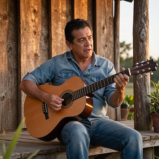 Middle-aged man with dark hair, wearing blue denim shirt and jeans, playing acoustic guitar on wooden porch at sunset.