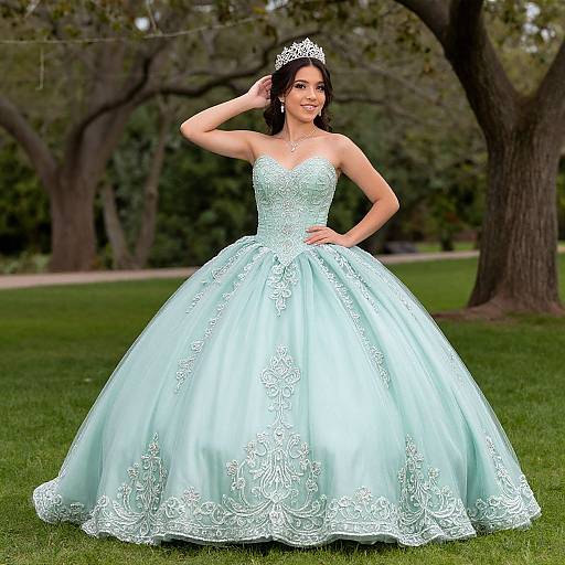 Photograph of a smiling woman with dark hair in a tiara, wearing a strapless, light blue, lace-embroidered ball gown,