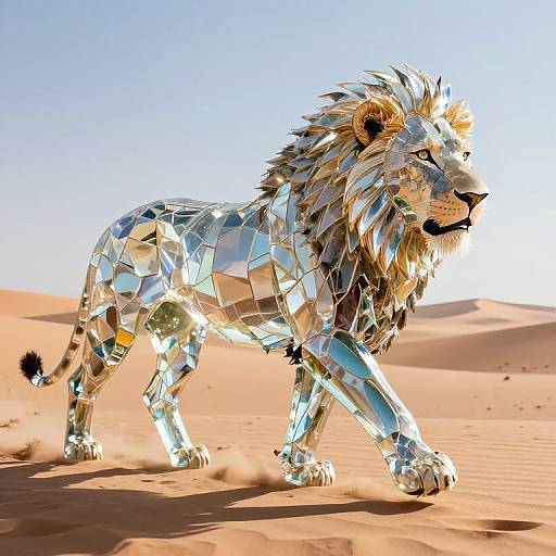 Digital artwork of a mirrored, geometric lion walking on a sunlit desert, with blue sky and sand dunes in background.