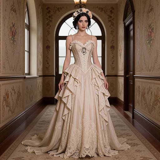 Photograph of a pale-skinned, dark-haired woman in an elegant, cream-colored, lace-embellished, strapless wedding gown, standing