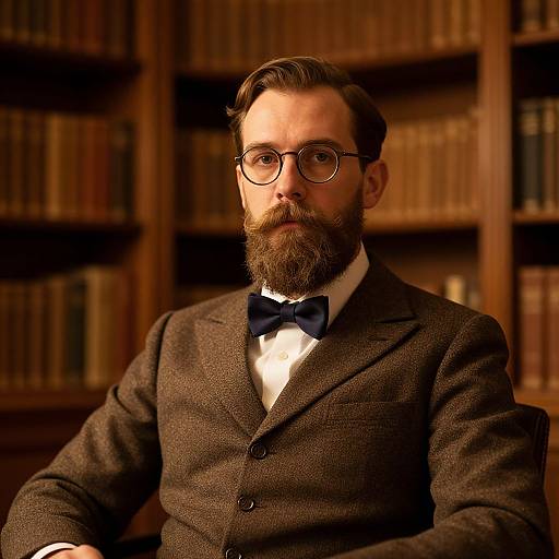 Photograph of a bearded, glasses-wearing man in a brown tweed suit with a black bow tie, seated in a warm, wooden library