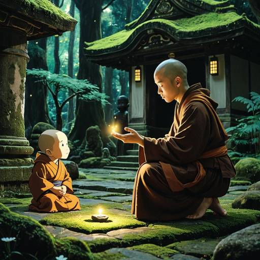 Whimsical Monk and Glowing Firefly Encounter