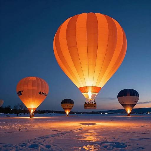 Photograph of four glowing hot air balloons in a snowy landscape at dusk, with one large orange balloon in the foreground and three smaller ones in the background