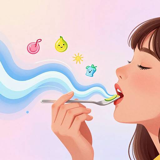 Digital illustration of a woman with closed eyes, eating a spoon with colorful, wavy blue liquid, accompanied by playful icons.