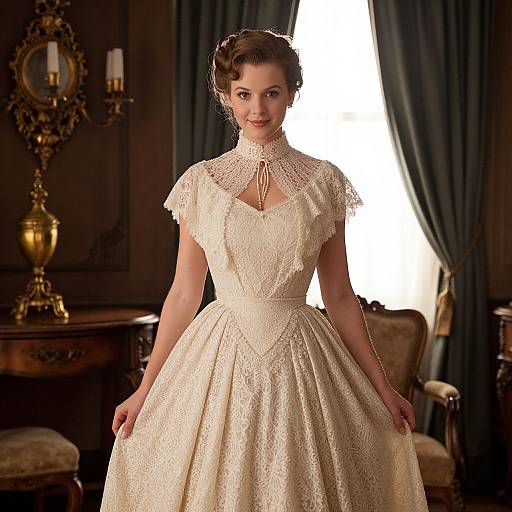 Photograph of a fair-skinned woman with vintage updo, wearing an elegant, cream-colored lace wedding gown, standing in a dimly lit,