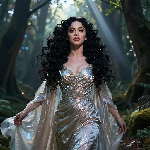 Photograph of a fair-skinned woman with long, curly black hair, wearing a shimmering silver dress with a deep neckline, and a translucent white