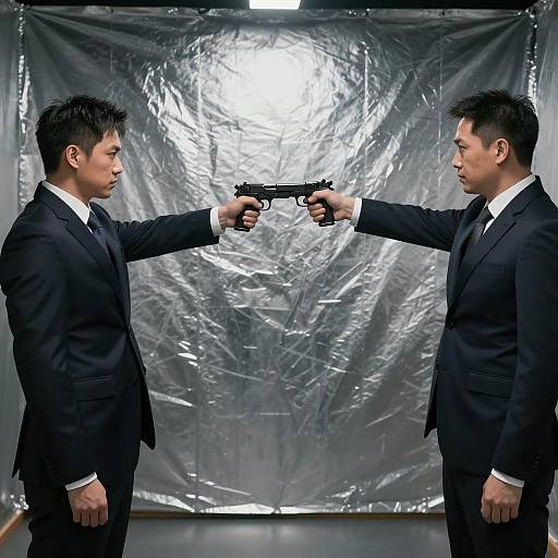 Intense Standoff Between Two Dark Suited Men