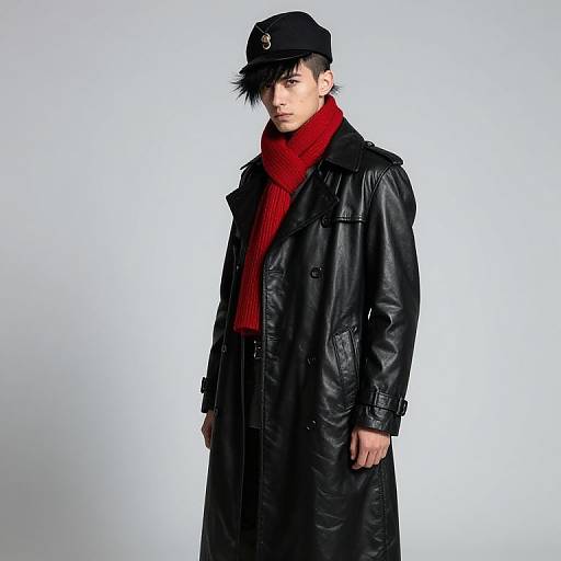 Photograph of an Asian male with pale skin, black leather coat, red scarf, black cap, and short black hair, against a white background.