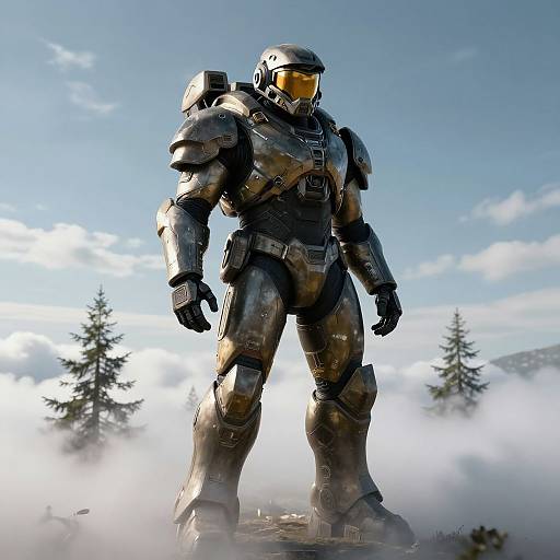 Photorealistic CGI of a futuristic, armored space soldier with reflective visor, standing on misty mountain landscape, blue sky, and pine trees.