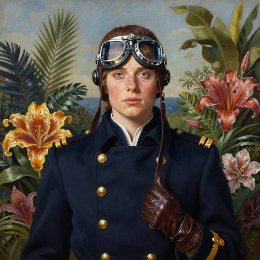 Digital artwork of a young woman in a black military uniform with goggles, brown gloves, and long brown hair, set against a lush tropical background with colorful