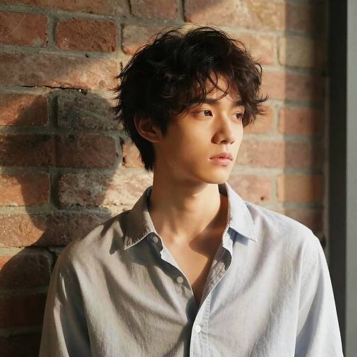 Photograph of an Asian man with messy black hair, light blue button-up shirt, standing against a sunlit brick wall, gazing slightly to the